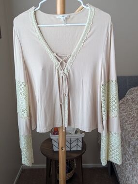 Soieblu Cream Lace-Trim Tie-Front Blouse